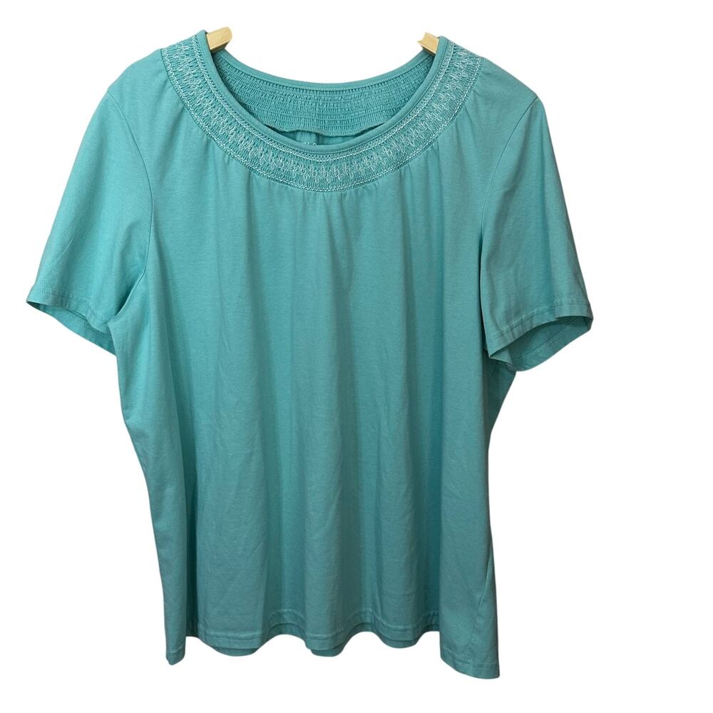 BLAIR Womens Embroidered Top 3XL Knit‎ Blouse Short Sleeve Blue Cotton Pullover